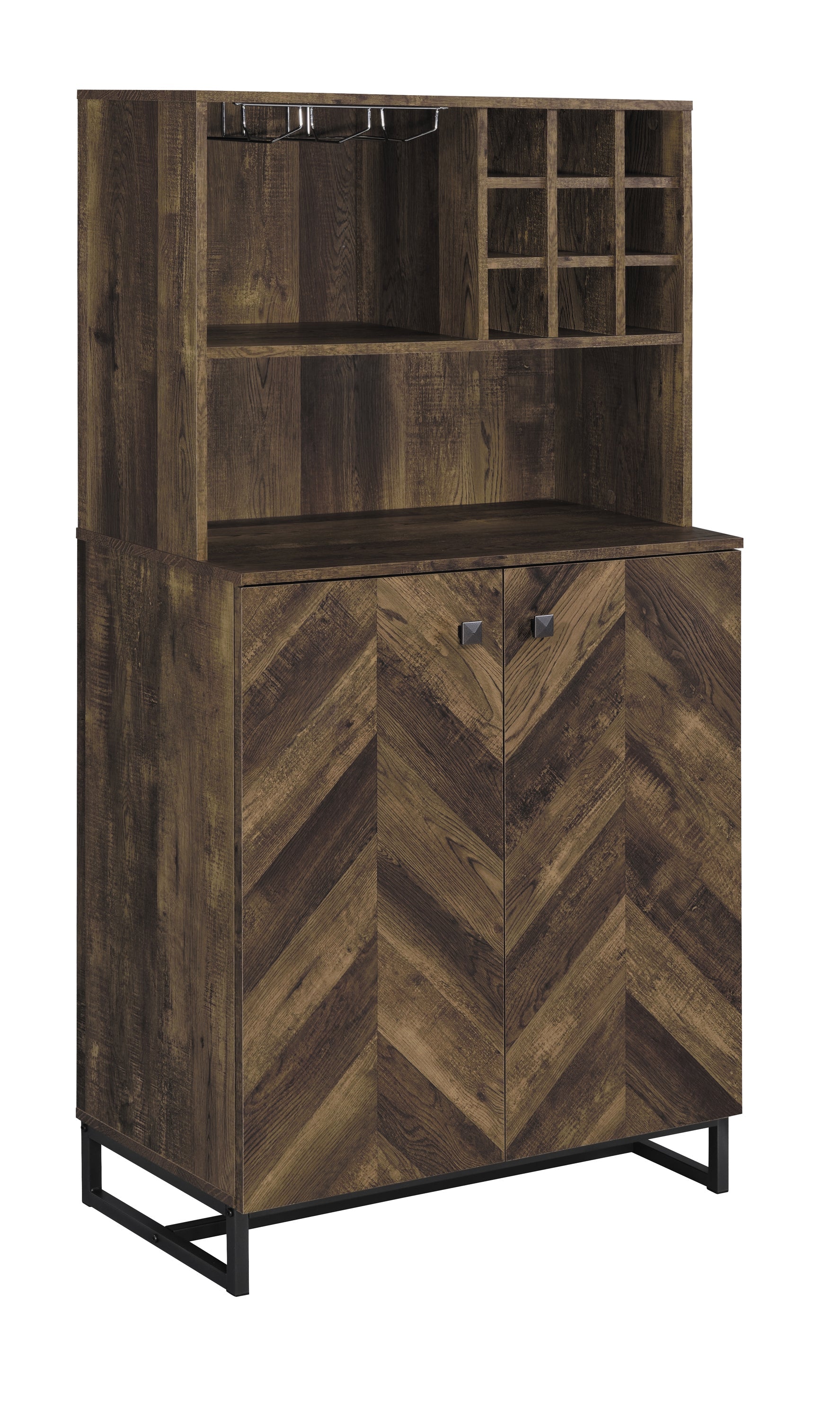 Mendoza 2-door Wine Cabinet Rustic Oak Herringbone and Gunmetal