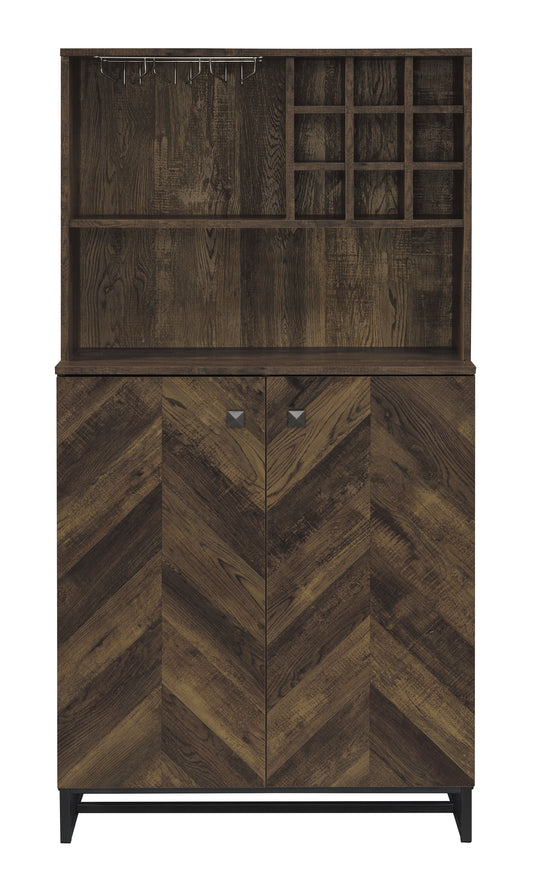 Mendoza 2-door Wine Cabinet Rustic Oak Herringbone and Gunmetal