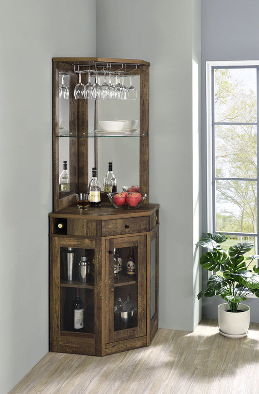 Alviso Corner Bar Cabinet with Stemware Rack Rustic Oak