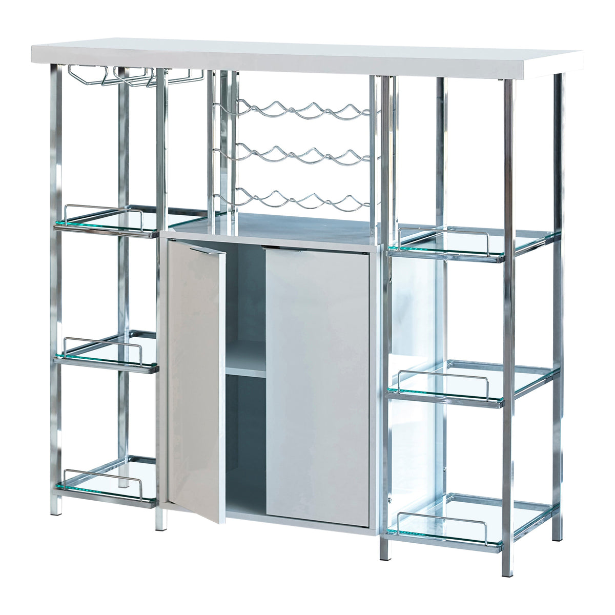 Gallimore 2-door Bar Cabinet with Glass Shelf High Glossy White and Chrome