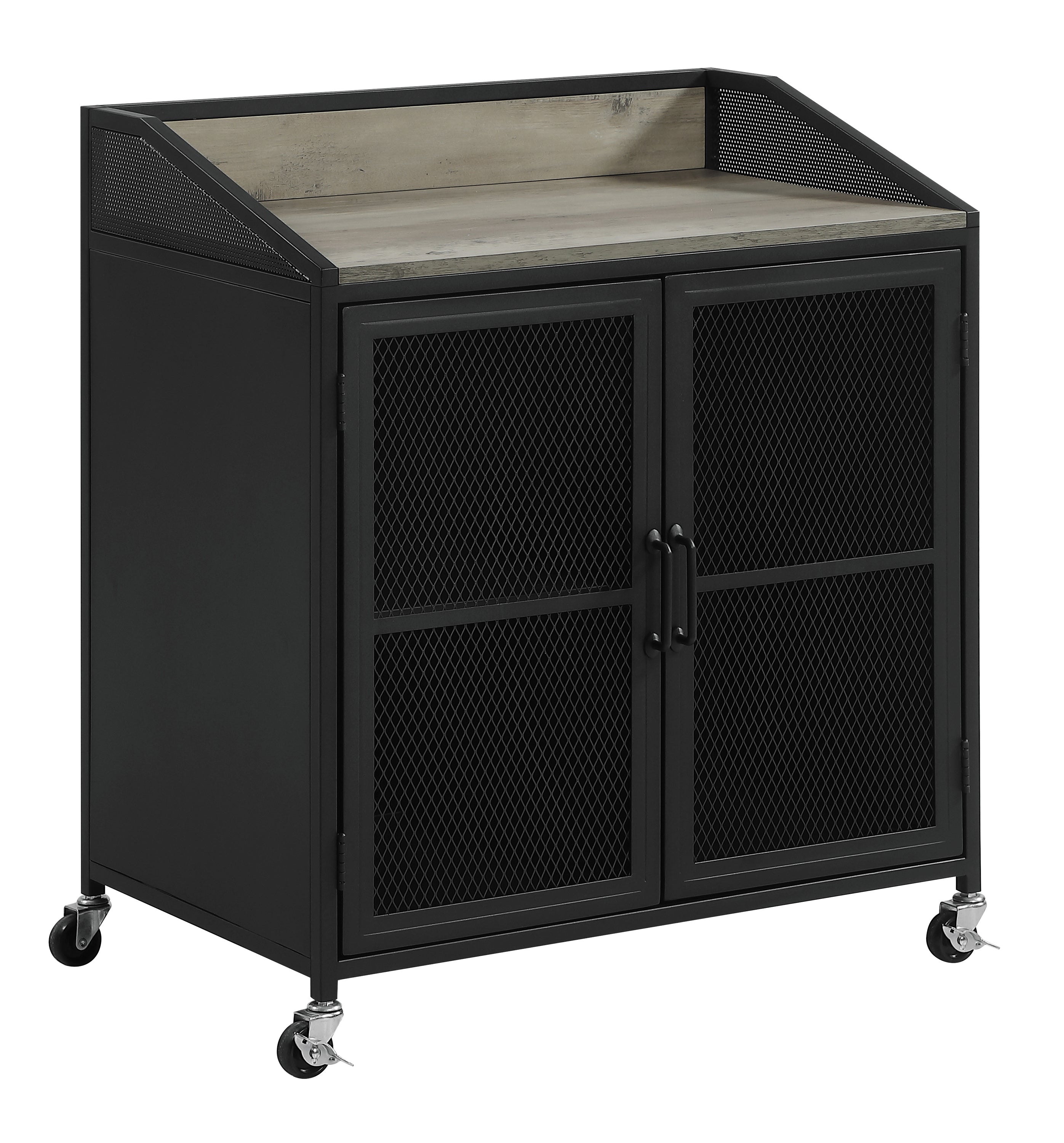 Arlette Wine Cabinet with Wire Mesh Doors Grey Wash and Sandy Black