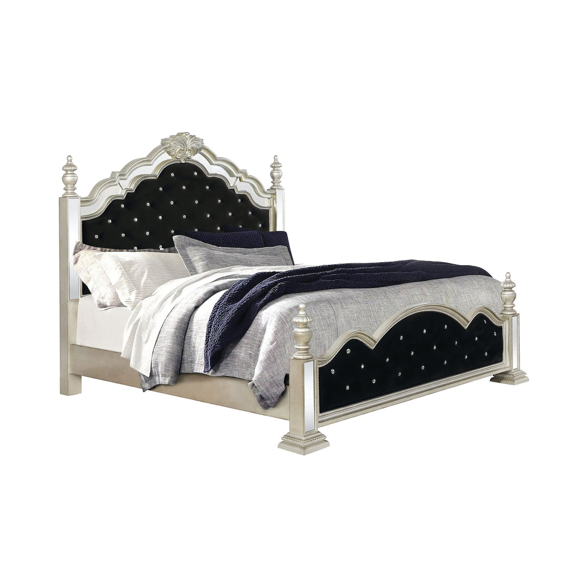 Heidi Queen Upholstered Poster Bed Metallic Platinum