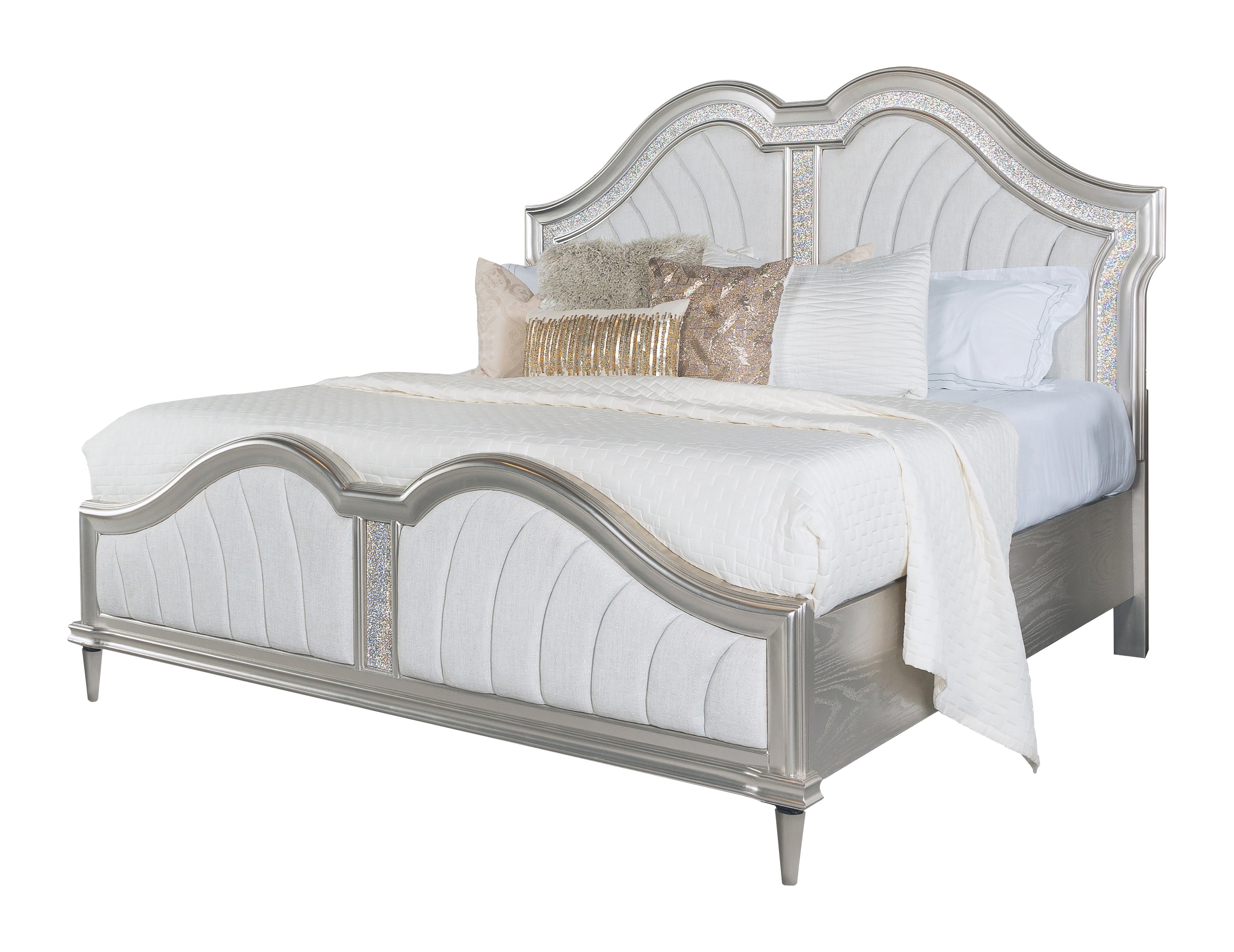 Evangeline Tufted Upholstered Platform Eastern King Bed Ivory and Silver Oak