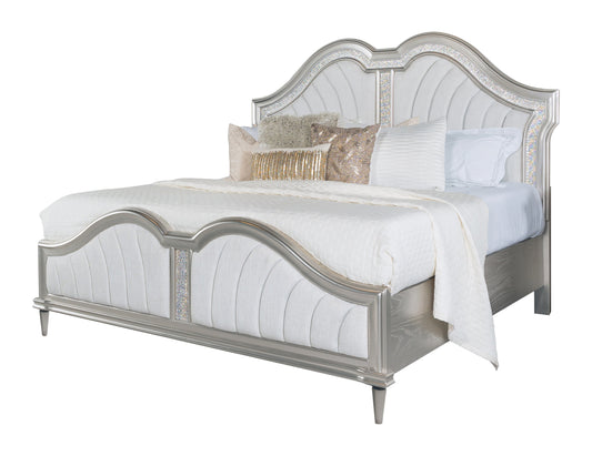 Evangeline 5-piece Upholstered Platform Eastern King Bedroom Set Ivory and Silver Oak