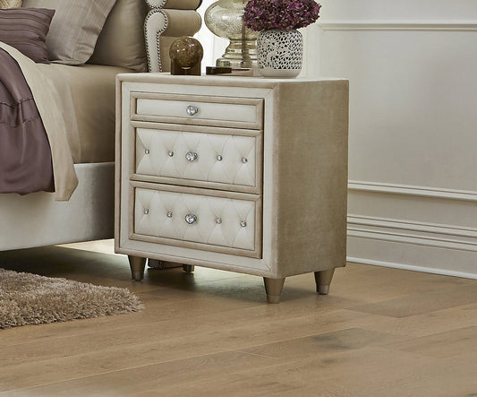 Antonella 3-drawer Upholstered Nightstand Ivory and Camel