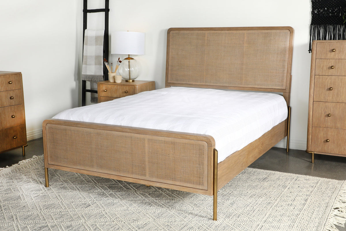 Arini Upholstered Eastern King Panel Bed Sand Wash and Natural Cane