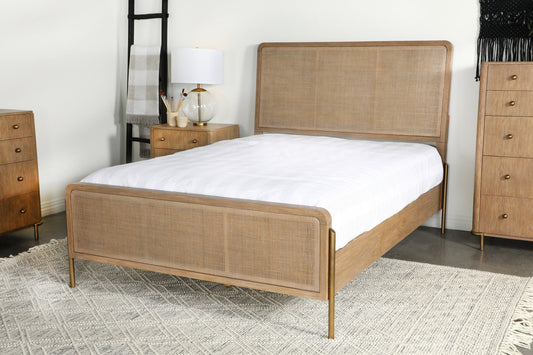 Arini Upholstered Eastern King Panel Bed Sand Wash and Natural Cane