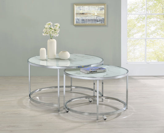 Lynn 2-piece Round Nesting Table White and Chrome