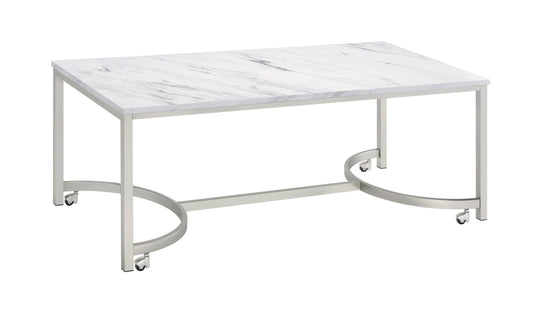 Leona Coffee Table with Casters White and Satin Nickel