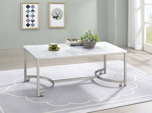 Leona Coffee Table with Casters White and Satin Nickel