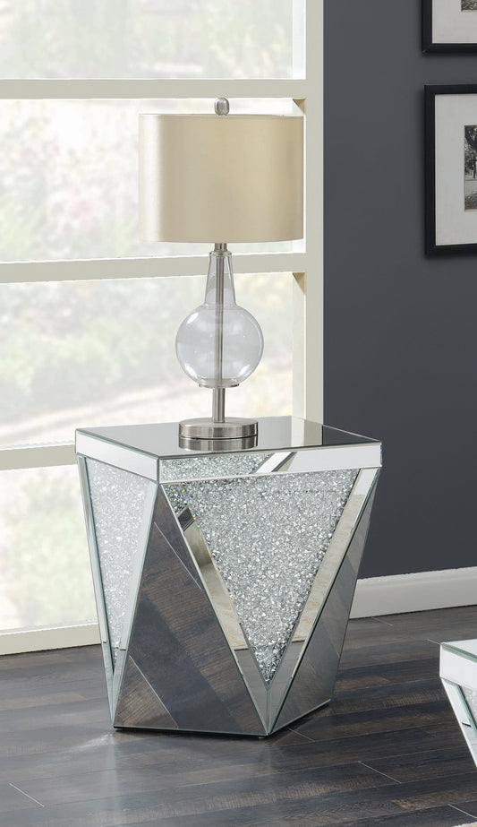 Gunilla Square End Table with Triangle Detailing Silver and Clear Mirror