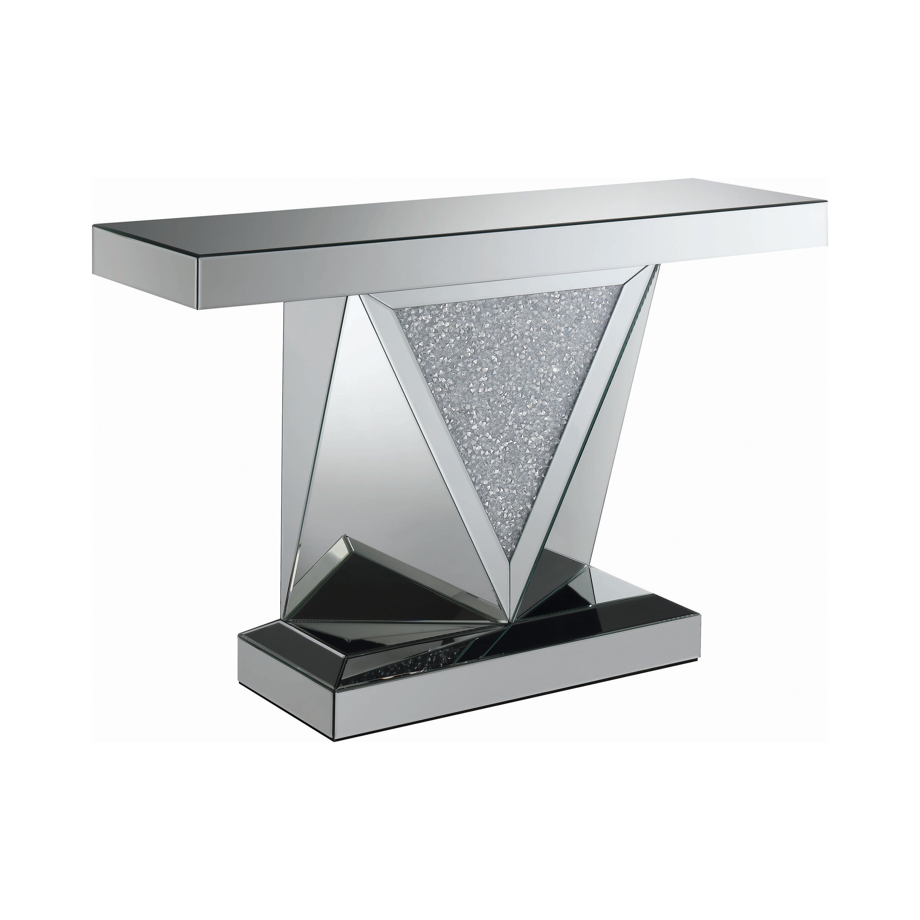 Gunilla Rectangular Sofa Table with Triangle Detailing Silver and Clear Mirror