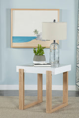 Pala Rectangular End Table with Sled Base White High Gloss and Natural