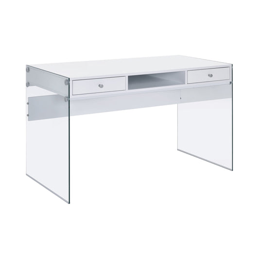 Dobrev 2-drawer Writing Desk Glossy White and Clear