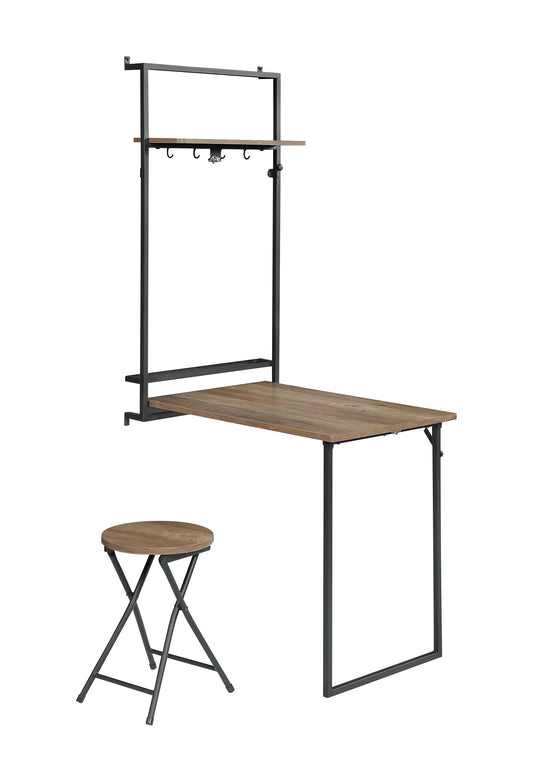 Riley Foldable Wall Desk with Stool Rustic Oak and Sandy Black