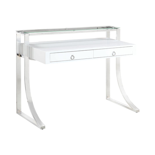 Gemma 2-drawer Writing Desk Glossy White and Chrome