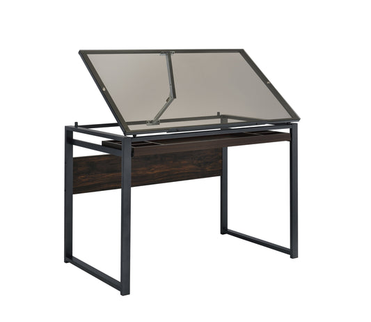 Pantano Glass Top Drafting Desk Dark Gunmetal and Chestnut