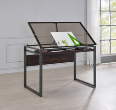 Pantano Glass Top Drafting Desk Dark Gunmetal and Chestnut