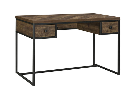 Millbrook 2-drawer Writing Desk Rustic Oak Herringbone and Gunmetal