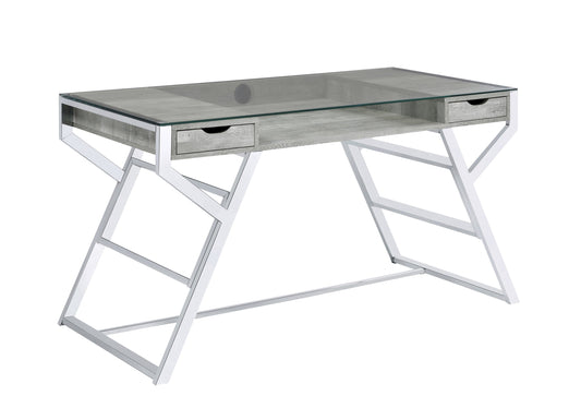 Emelle 2-drawer Glass Top Writing Desk Grey Driftwood and Chrome