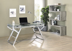 Emelle 2-drawer Glass Top Writing Desk Grey Driftwood and Chrome