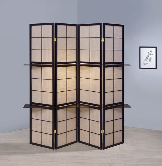 Iggy 4-panel Folding Screen with Removable Shelves Tan and Cappuccino