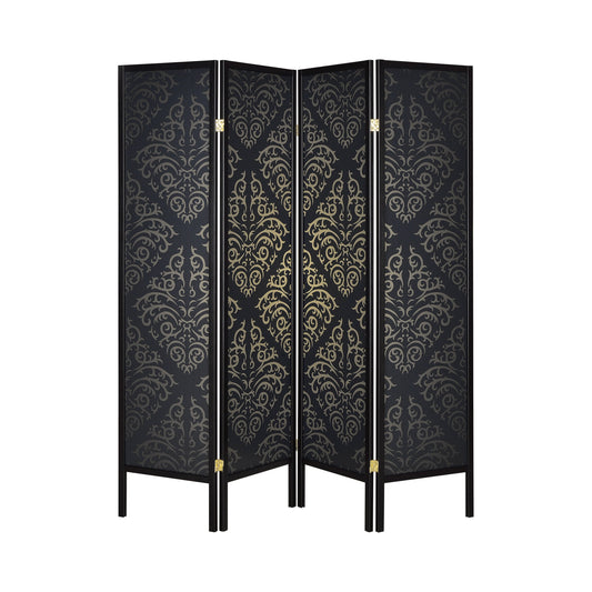 Haidera 4-panel Damask Pattern Folding Screen Black