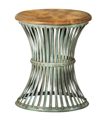 Matyas Round Accent Table with Natural Top and Blue Distressed Base