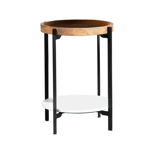 Adhvik Round Accent Table with Marble Shelf Natural and Black