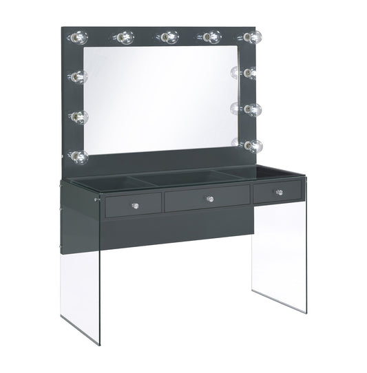 Afshan 3-drawer Vanity Desk with Lighting Mirror Grey High Gloss