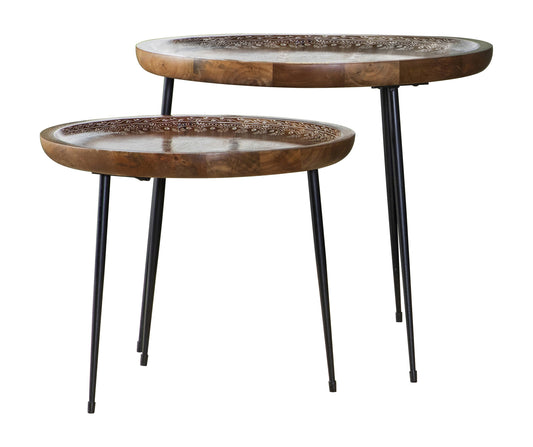 Nuala 2-piece Round Nesting Table with Tripod Tapered Legs Honey and Black