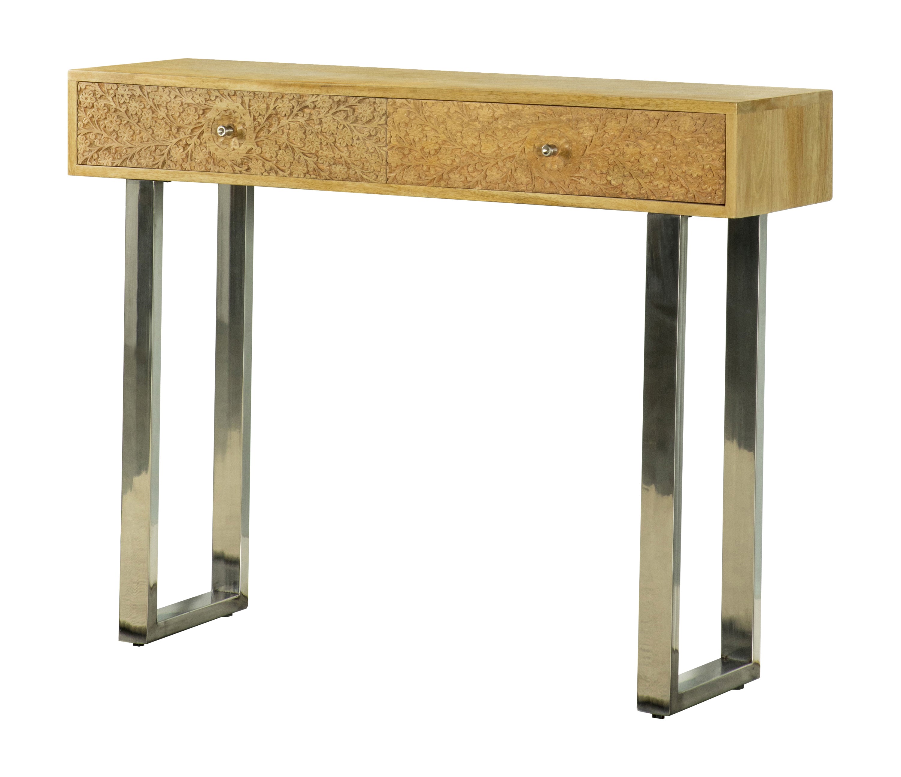 Draco Console Table with Hand Carved Drawers Natural