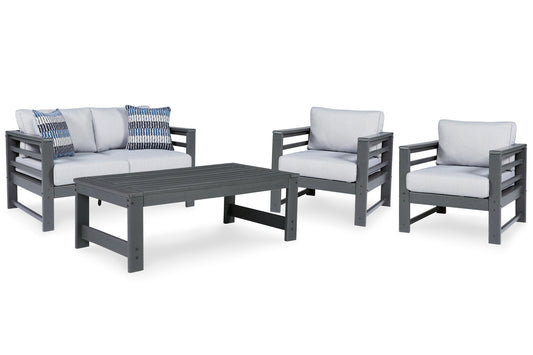 Amora Outdoor Loveseat and 2 Chairs with Coffee Table Ashley