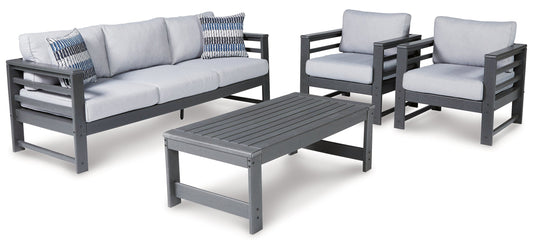 Amora Outdoor Sofa and 2 Chairs with Coffee Table Ashley