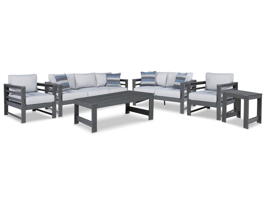Amora Outdoor Sofa, Loveseat and 2 Lounge Chairs with Coffee Table and End Table Ashley