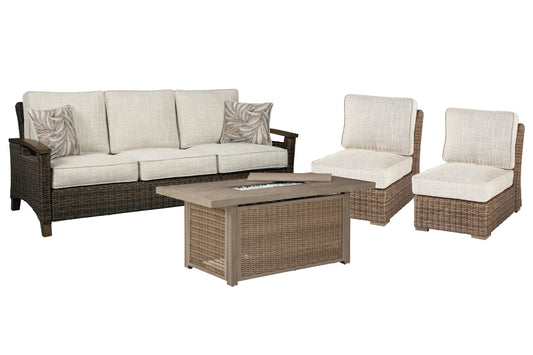 Beachcroft Outdoor Sofa and 2 Lounge Chairs with Fire Pit Table Ashley