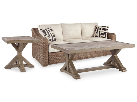 Beachcroft Outdoor Sofa with Coffee Table and End Table Ashley