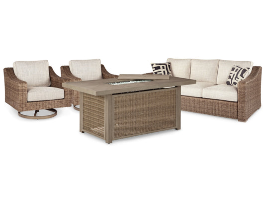Beachcroft Outdoor Sofa and 2 Lounge Chairs with Fire Pit Table Ashley